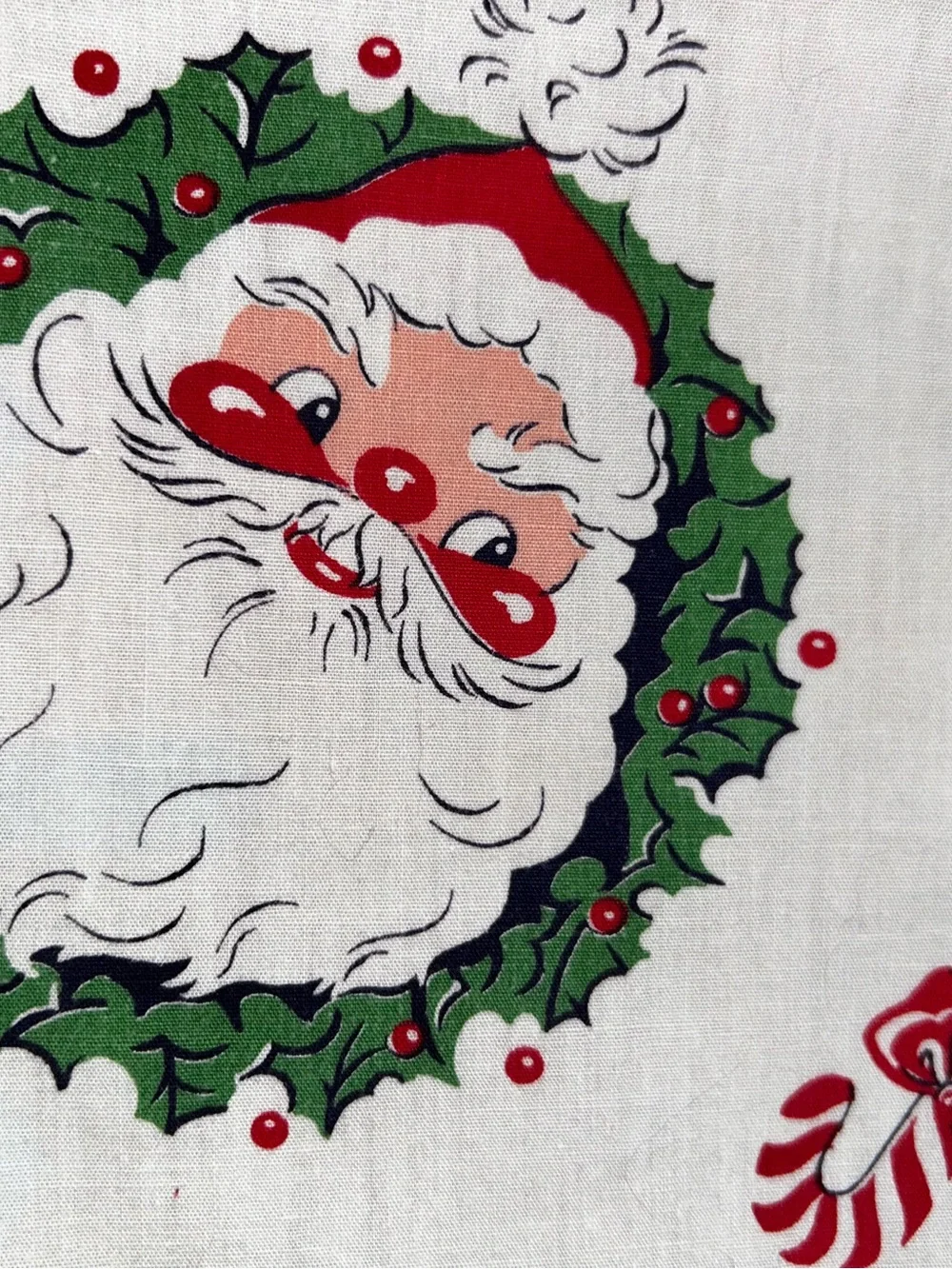 Holiday Santa Wreath Tablecloth - White with Red & Green